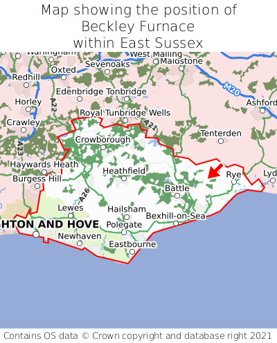 Map showing location of Beckley Furnace within East Sussex