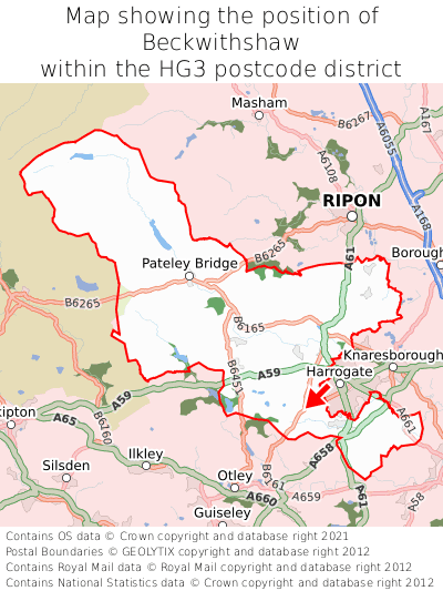 Map showing location of Beckwithshaw within HG3