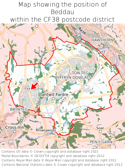 Map showing location of Beddau within CF38