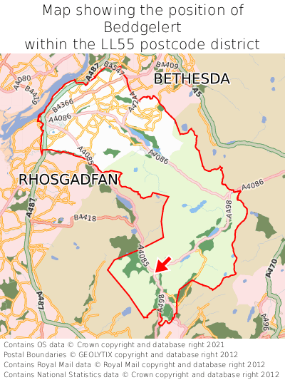 Map showing location of Beddgelert within LL55