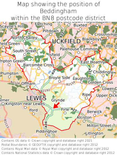 Map showing location of Beddingham within BN8