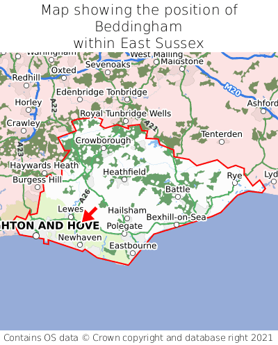 Map showing location of Beddingham within East Sussex