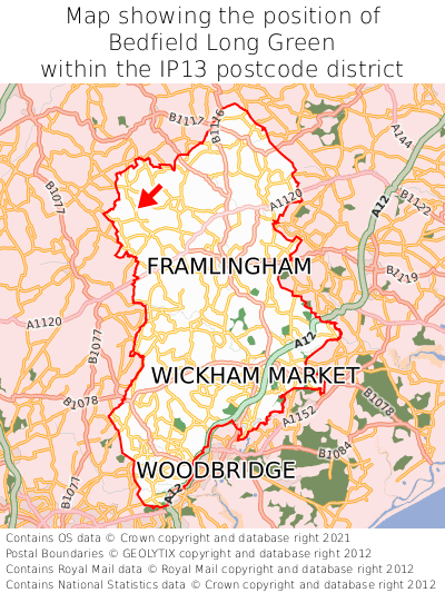Map showing location of Bedfield Long Green within IP13
