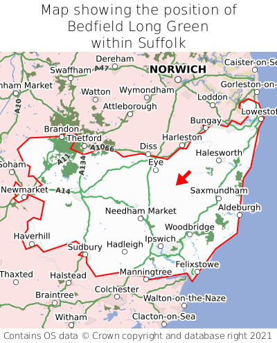 Map showing location of Bedfield Long Green within Suffolk