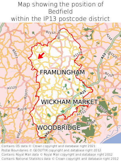 Map showing location of Bedfield within IP13