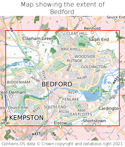 Map showing extent of Bedford as bounding box