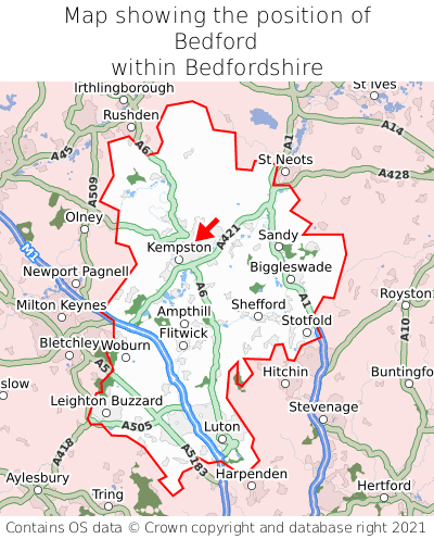 Map showing location of Bedford within Bedfordshire