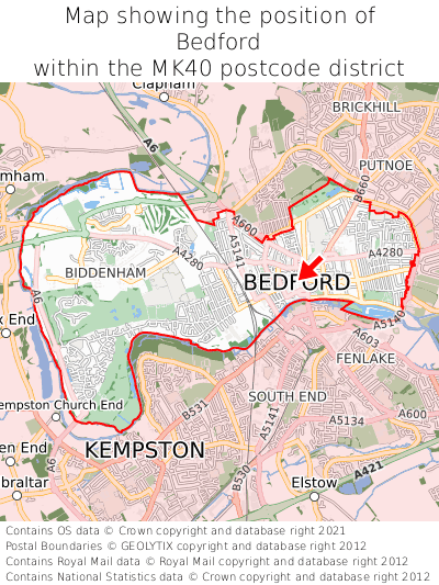Map showing location of Bedford within MK40
