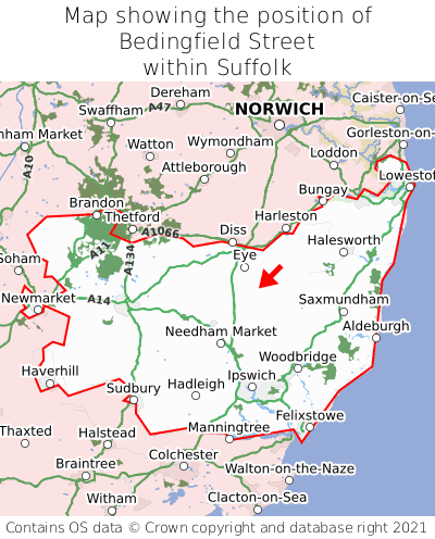Map showing location of Bedingfield Street within Suffolk