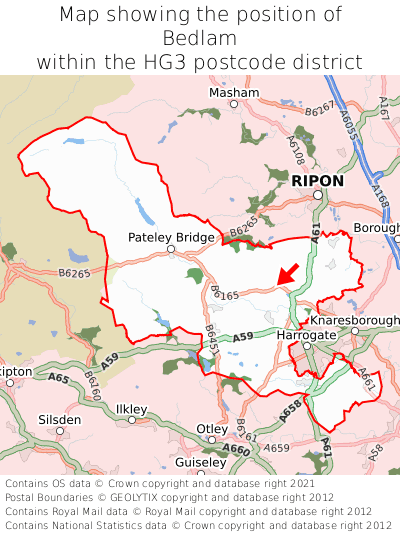 Map showing location of Bedlam within HG3