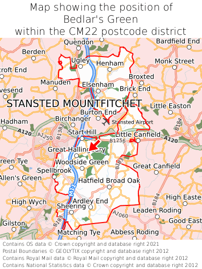 Map showing location of Bedlar's Green within CM22