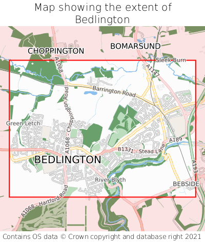 Map showing extent of Bedlington as bounding box