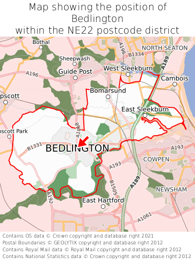 Map showing location of Bedlington within NE22