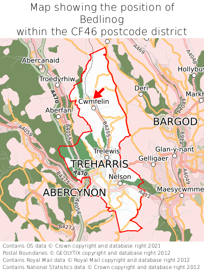 Map showing location of Bedlinog within CF46