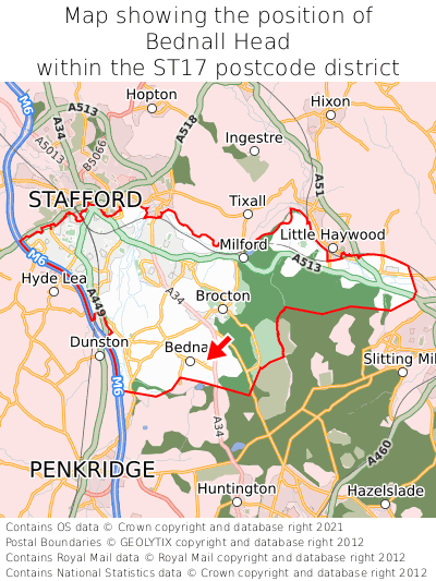 Map showing location of Bednall Head within ST17