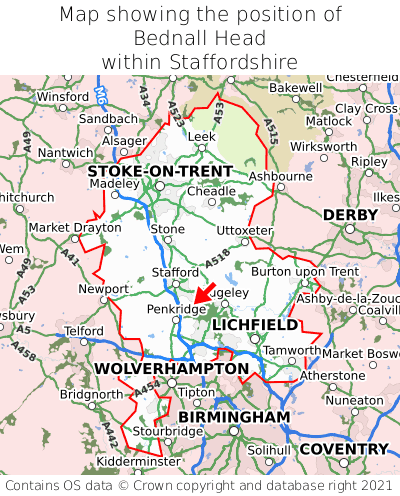 Map showing location of Bednall Head within Staffordshire