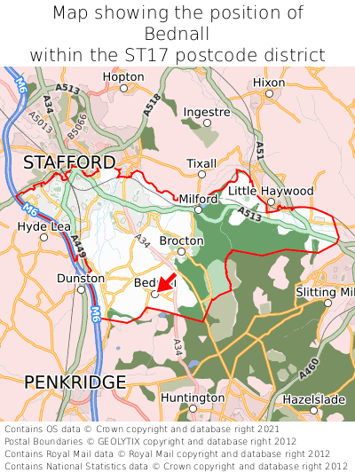 Map showing location of Bednall within ST17