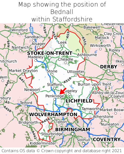 Map showing location of Bednall within Staffordshire