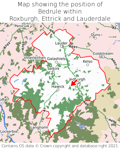Map showing location of Bedrule within Roxburgh, Ettrick and Lauderdale