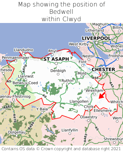 Map showing location of Bedwell within Clwyd