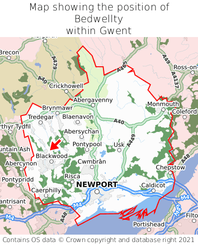 Map showing location of Bedwellty within Gwent