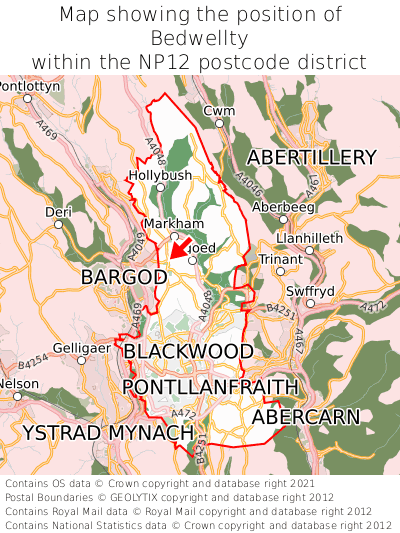 Map showing location of Bedwellty within NP12