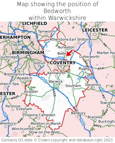 Map showing location of Bedworth within Warwickshire