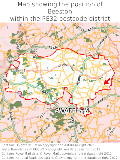 Map showing location of Beeston within PE32