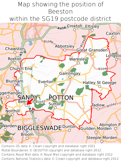 Map showing location of Beeston within SG19
