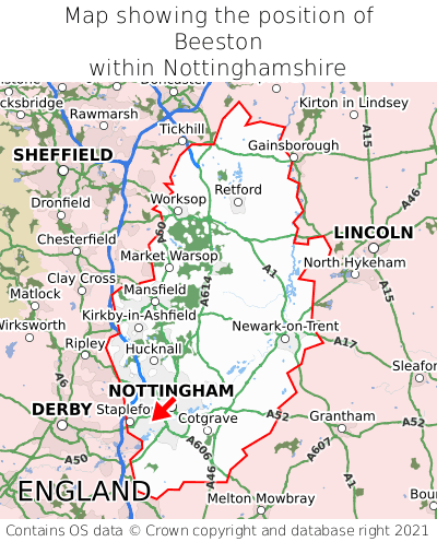Map showing location of Beeston within Nottinghamshire