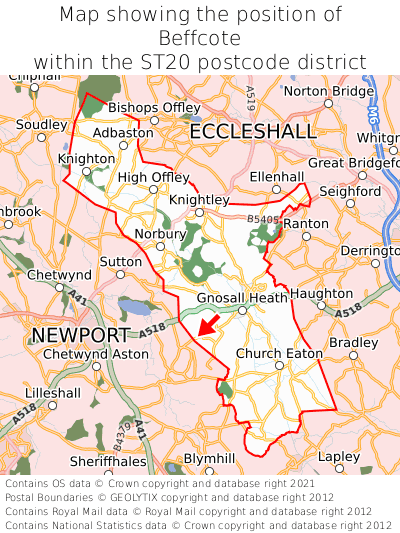 Map showing location of Beffcote within ST20