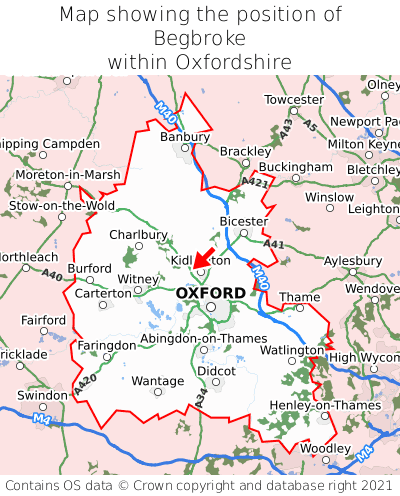 Map showing location of Begbroke within Oxfordshire