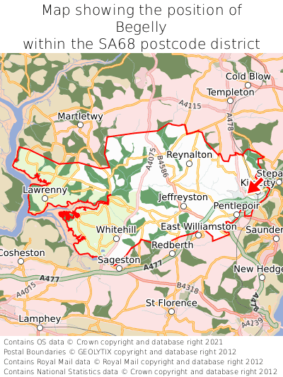 Map showing location of Begelly within SA68