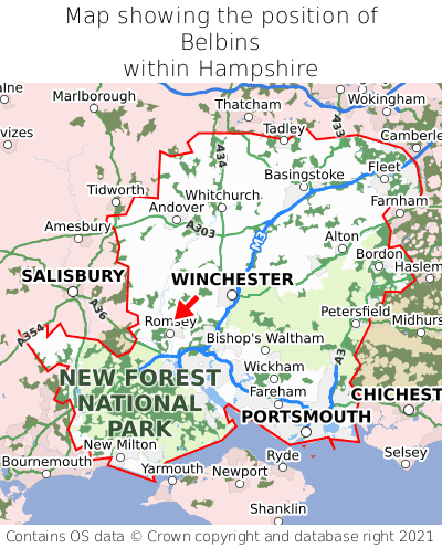 Map showing location of Belbins within Hampshire