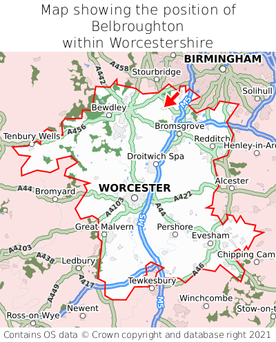 Map showing location of Belbroughton within Worcestershire