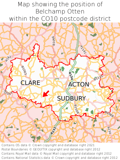 Map showing location of Belchamp Otten within CO10