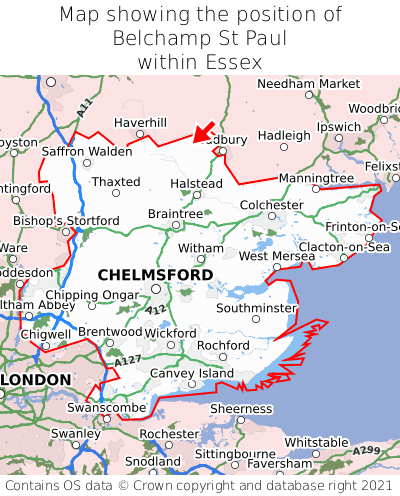 Map showing location of Belchamp St Paul within Essex
