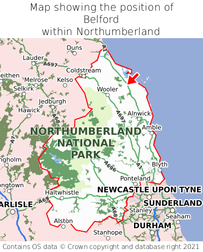 Map showing location of Belford within Northumberland