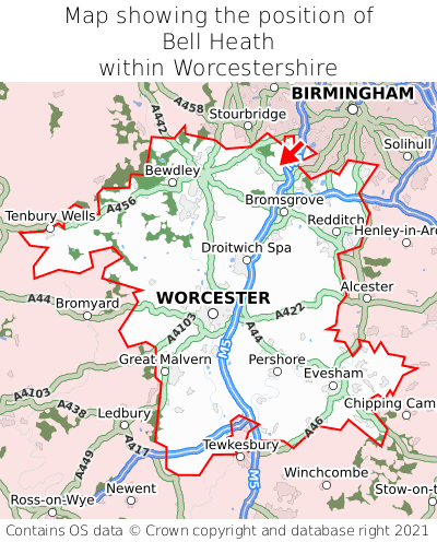 Map showing location of Bell Heath within Worcestershire