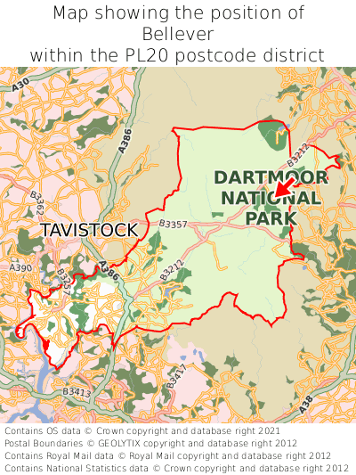 Map showing location of Bellever within PL20