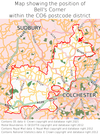 Map showing location of Bell's Corner within CO6