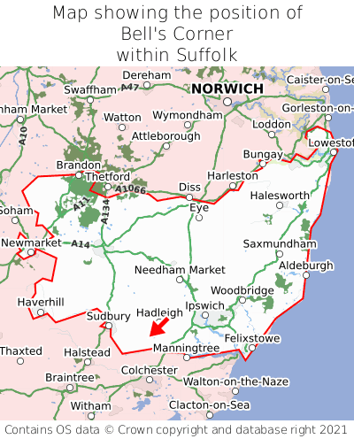 Map showing location of Bell's Corner within Suffolk