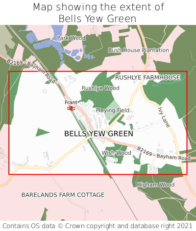 Map showing extent of Bells Yew Green as bounding box