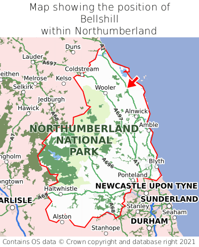Map showing location of Bellshill within Northumberland
