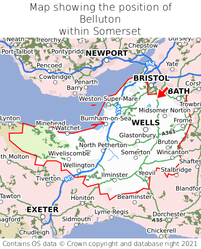 Map showing location of Belluton within Somerset