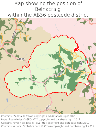 Map showing location of Belnacraig within AB36