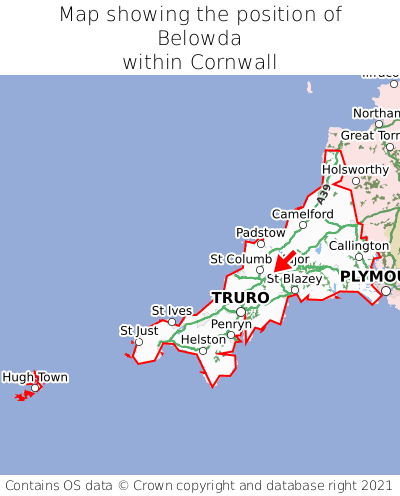 Map showing location of Belowda within Cornwall