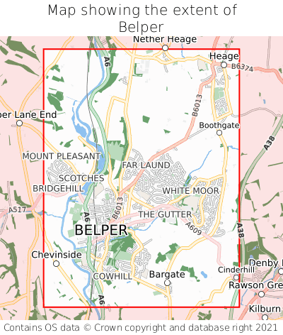 Map showing extent of Belper as bounding box