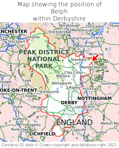 Map showing location of Belph within Derbyshire