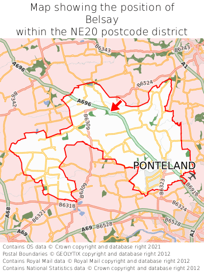 Map showing location of Belsay within NE20
